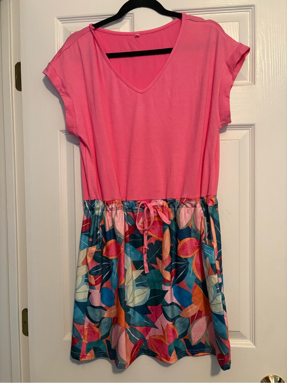 Women's Pink V-Neck Swim Coverup with Tropical Print Skirt